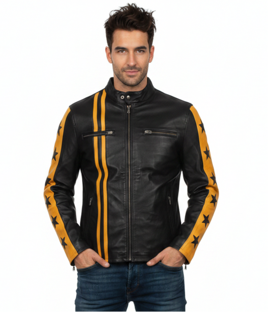black leather jacket with yellow accents