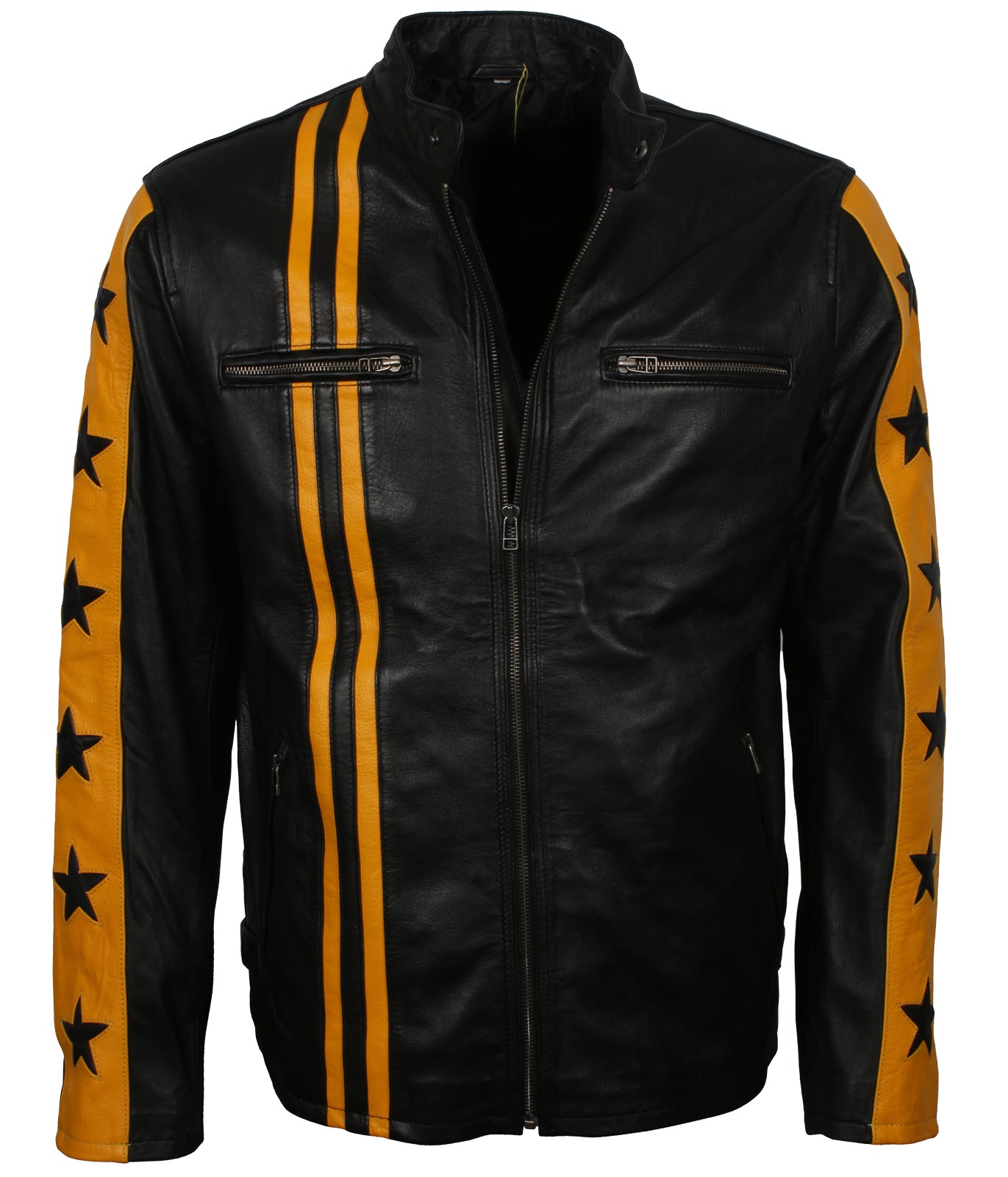 Yellow Star Stripes Motorcycle Leather Jacket