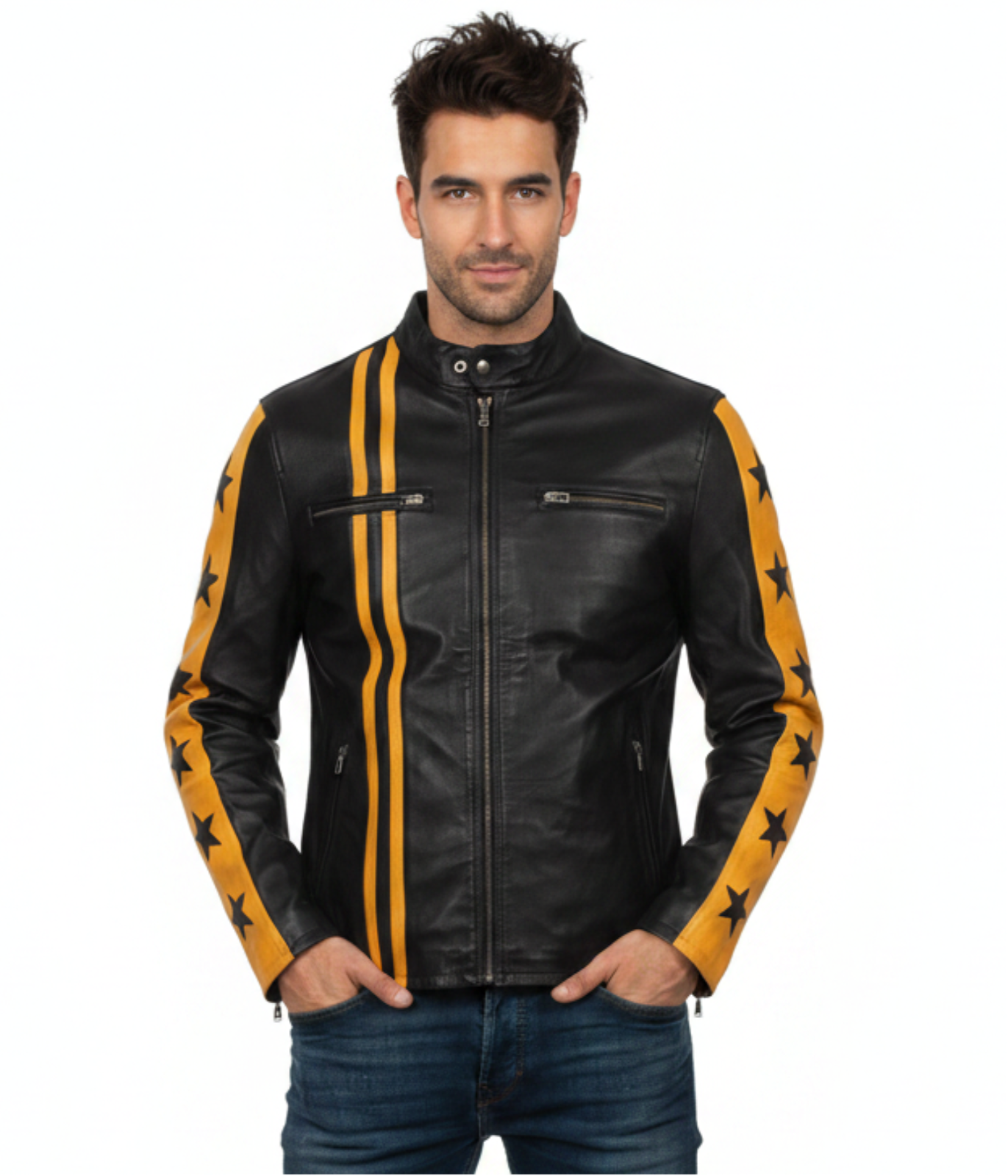 black leather jacket with yellow accents 