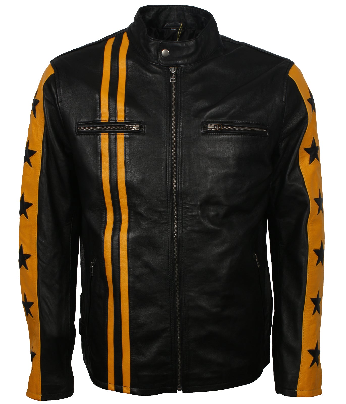Yellow Star Stripes Motorcycle Leather Jacket