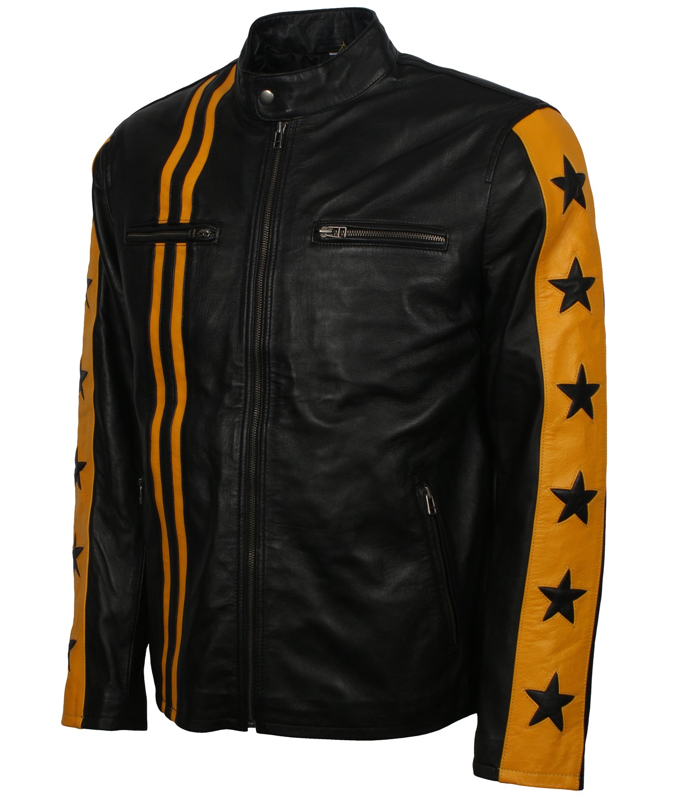 Yellow Star Stripes Motorcycle Leather Jacket