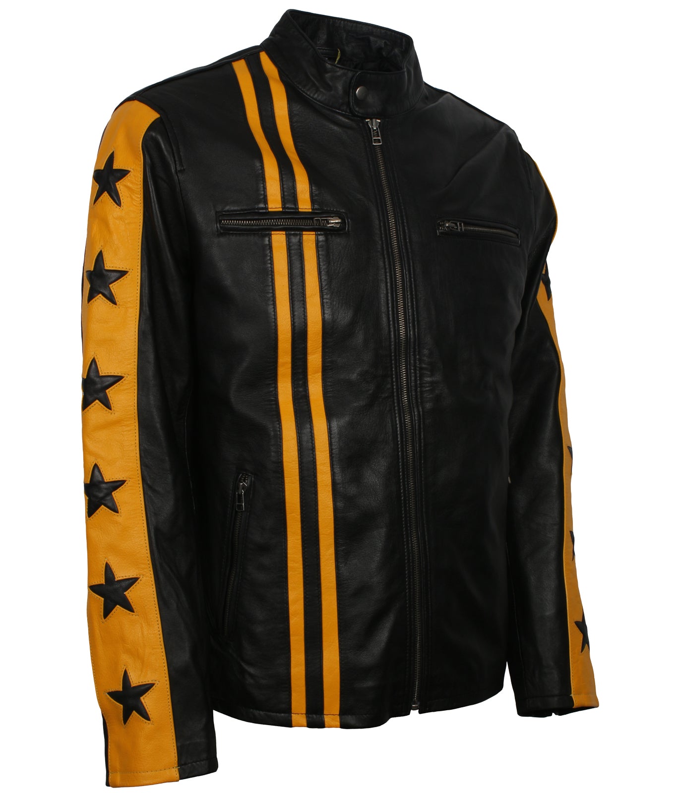 Yellow Star Stripes Motorcycle Leather Jacket