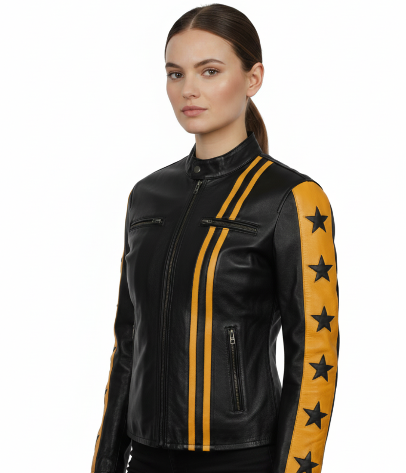 Black leather jacket with yellow stripes and star patterns on sleeves, worn by a model.
